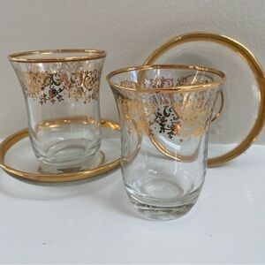 Vintage Turkish Glass 22k Gold Rimmed  Espresso Coffee Glasses Set of 2 EUC